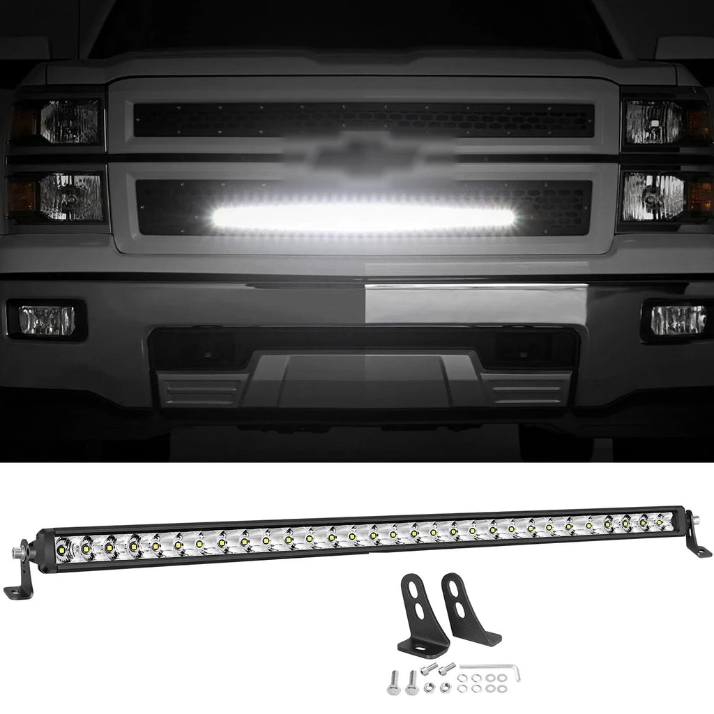 For Chevy Silverado 1500 Mesh Grille 30" Single Row LED Light Bar Combo Offroad Driving Lights Ultra Slim Thin LED Light Bar 4WD