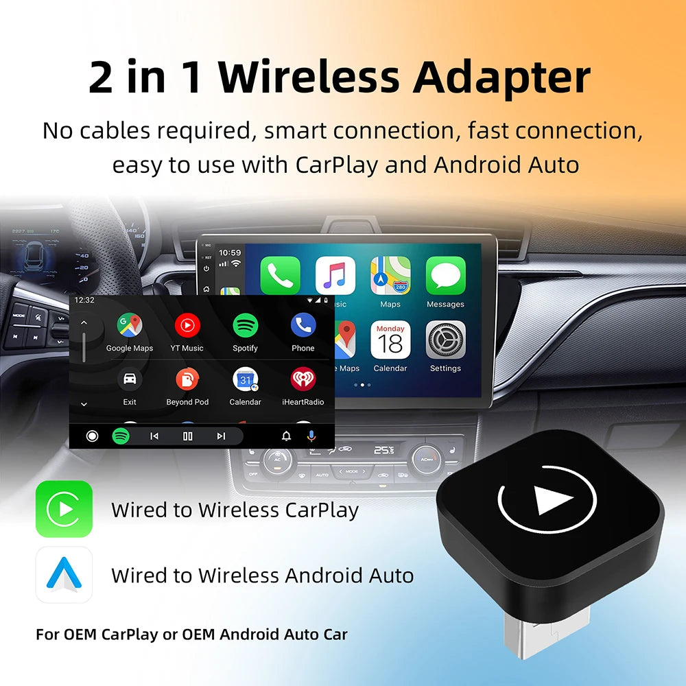 2-in-1 Wireless Adapter for CarPlay and Android Auto, 5.8GHz
