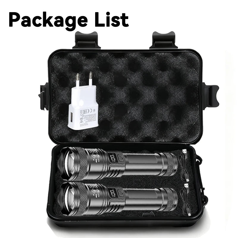 High Power 2000LM LED Flashlight, USB Charging Zoom Torch with Display