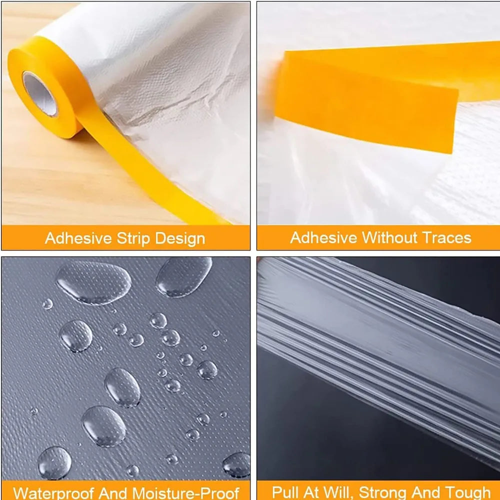 Tape and Drape, Pre-Taped Masking Film, Paint Adhesive Protective Film Roll for Covering Skirting, Frames, Cars and Auto Body