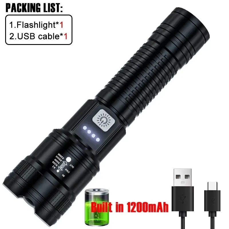 High Power 2000LM LED Flashlight, USB Charging Zoom Torch with Display