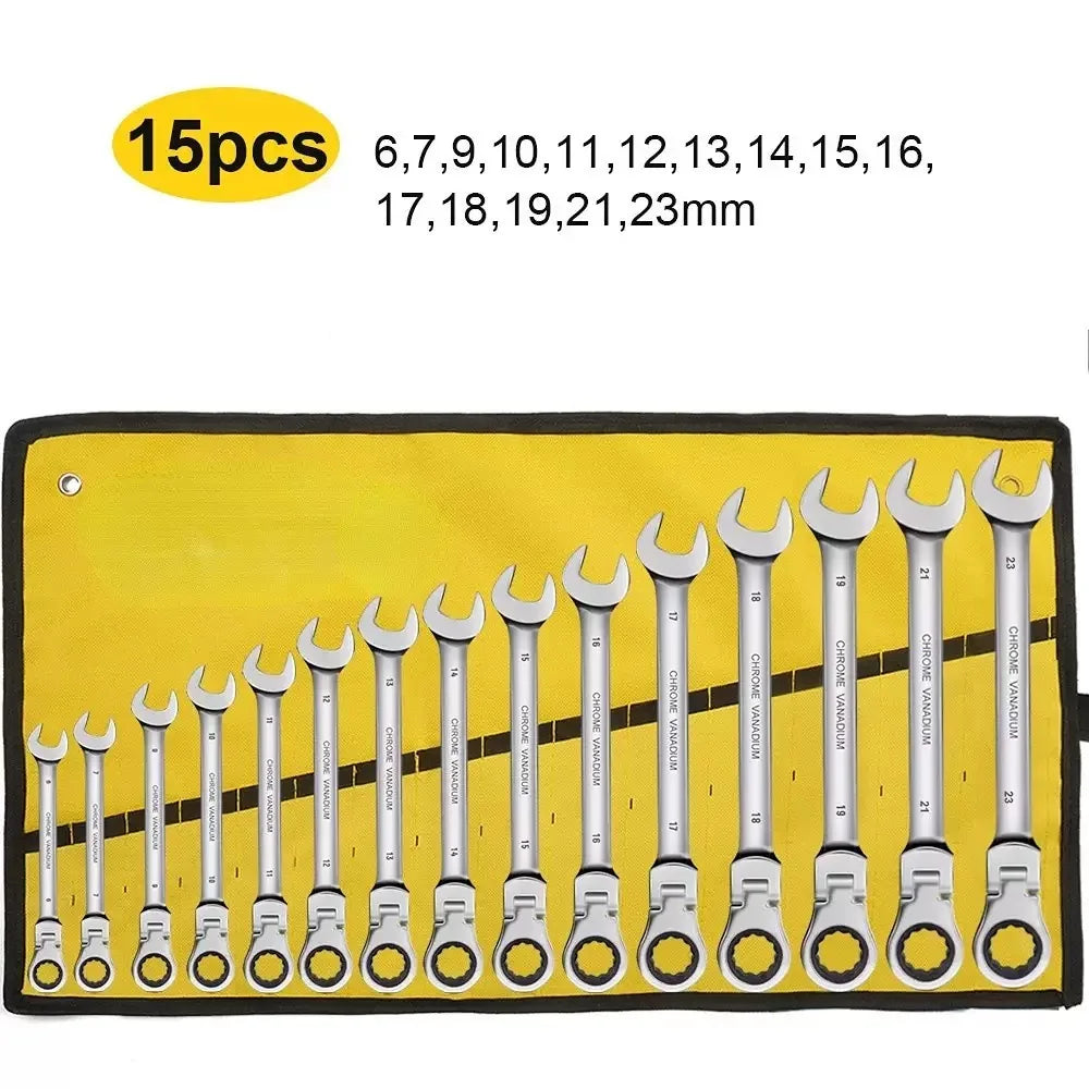 Ratcheting Combination Wrench Set, 6-22mm Metric Flex Head Ratcheting Wrench, Chrome Vanadium Steel Spanner with Bag