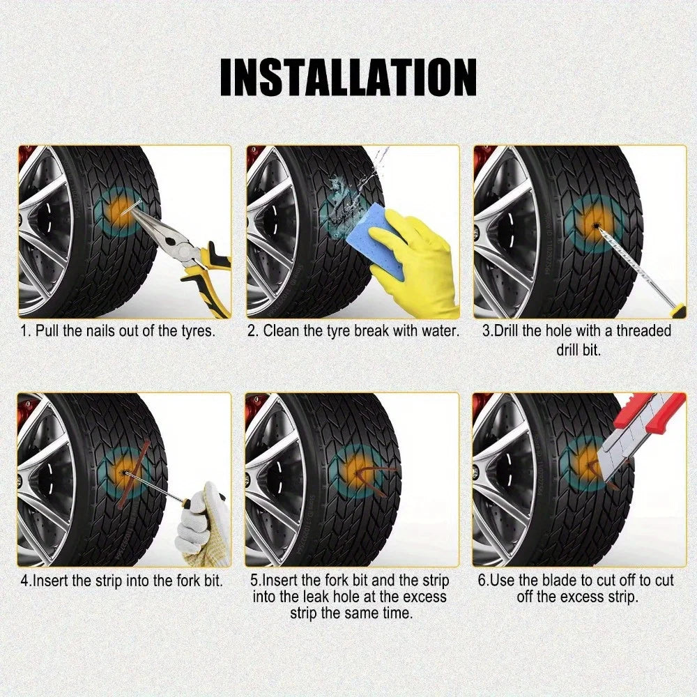 All-in-One Tire Repair Kit: Car Motorcycle Bike Truck Emergency Puncture Plug Tool with Rubber Strips - Roadside & Garage Use