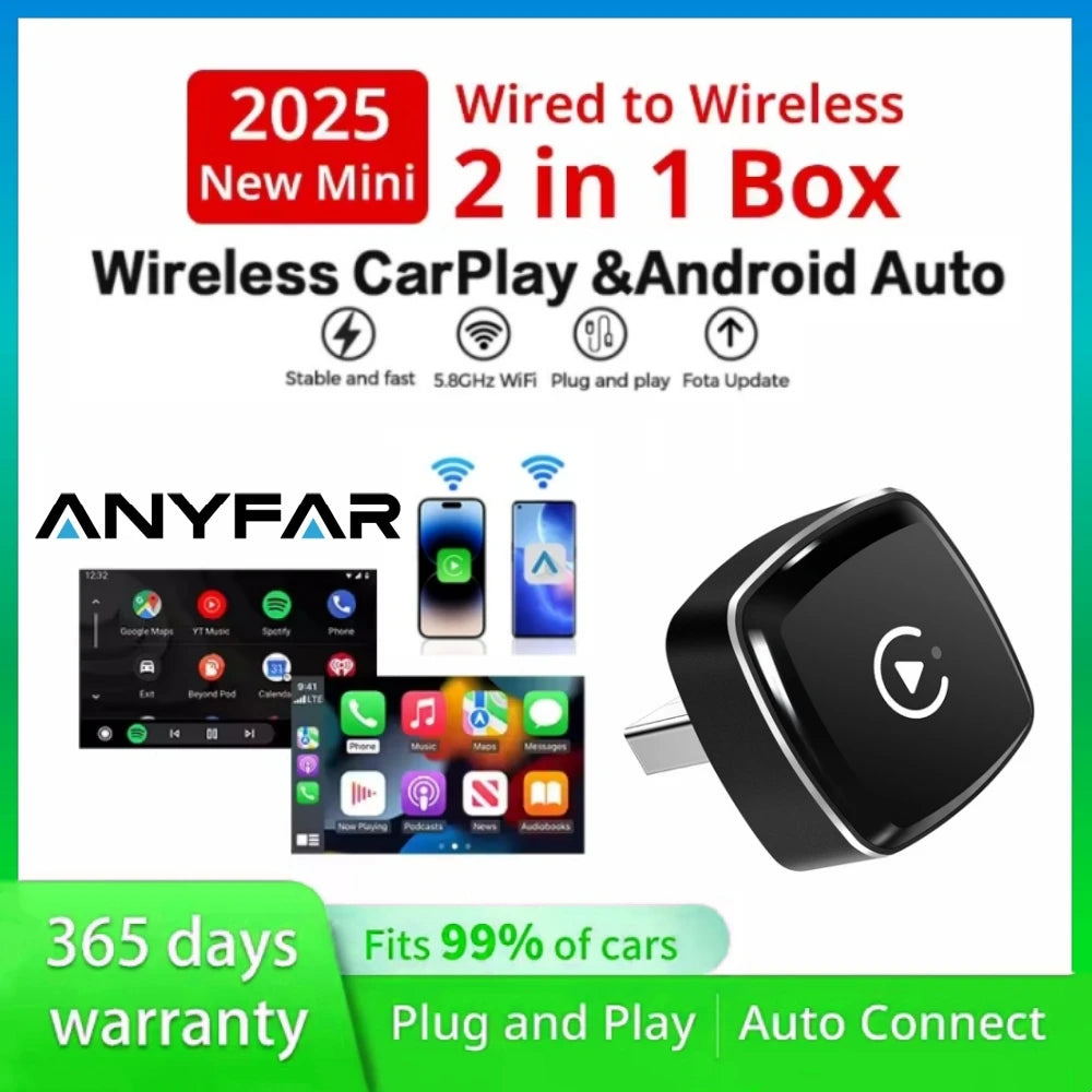 2-in-1 Wireless CarPlay and Android Auto Adapter, Plug and Play