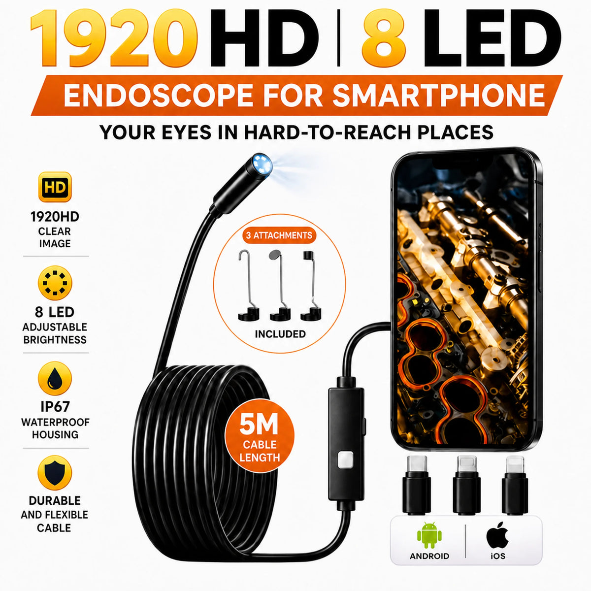 Dual Port Endoscope Camera For iPhone iOS Android 1920P HD 3-in-1 Borescope Waterproof Automotive Engine Sewer Inspection Tools