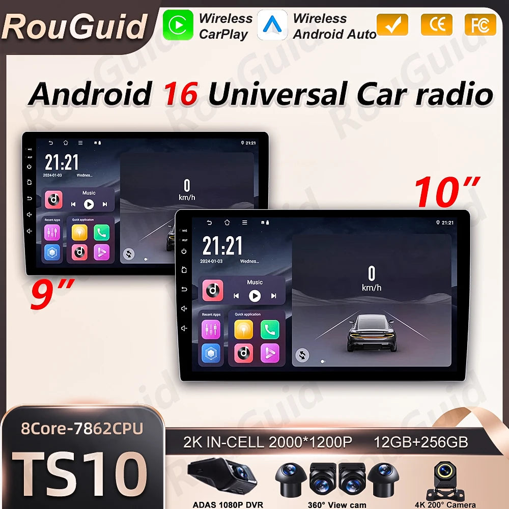 9/10 Inch Double DIN Car Stereo with Wireless CarPlay & Android Auto