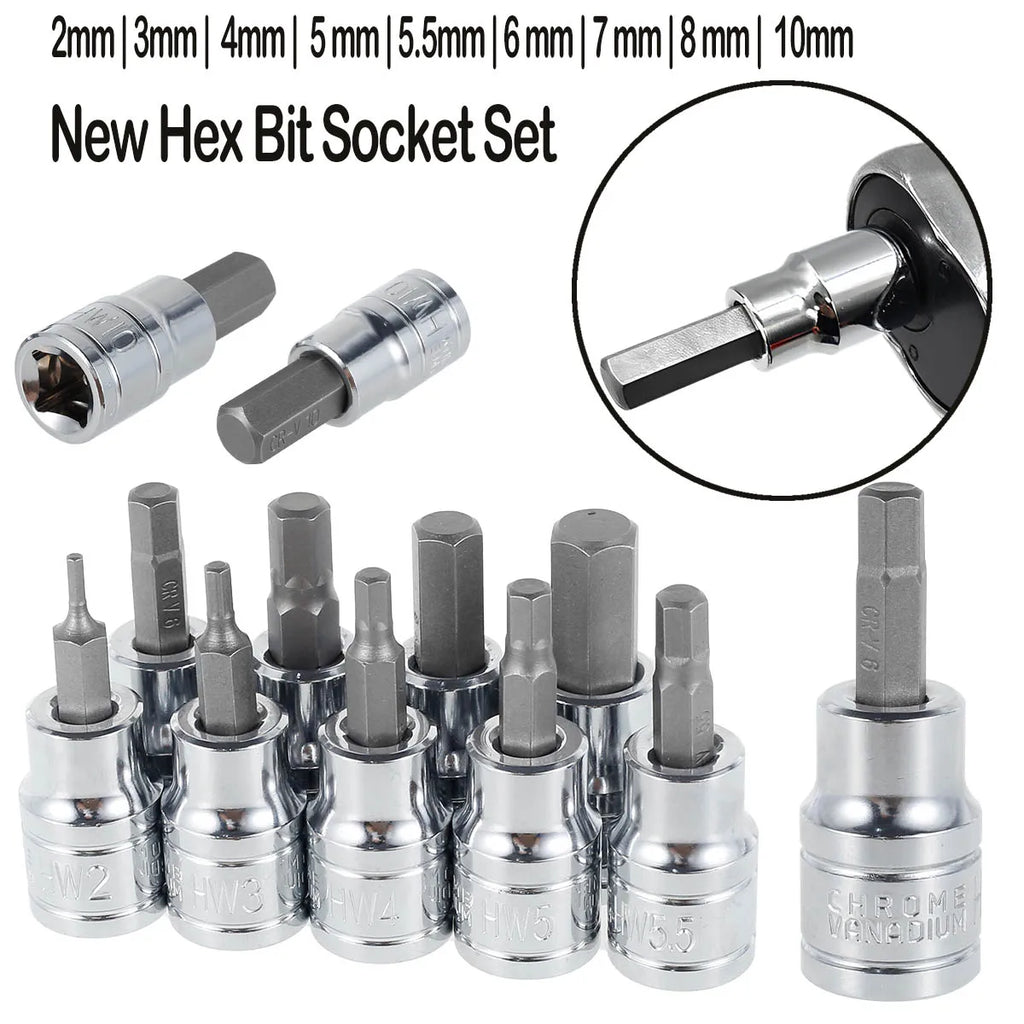 3/8 Inch Hex Bit Socket Set Sturdy Allen Key Sockets Metric Drill Impact Kit