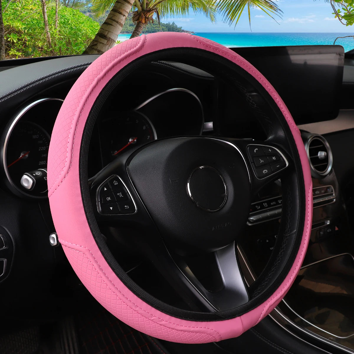 Embossed PU Leather Steering Wheel Cover, 14.5-15 Inch