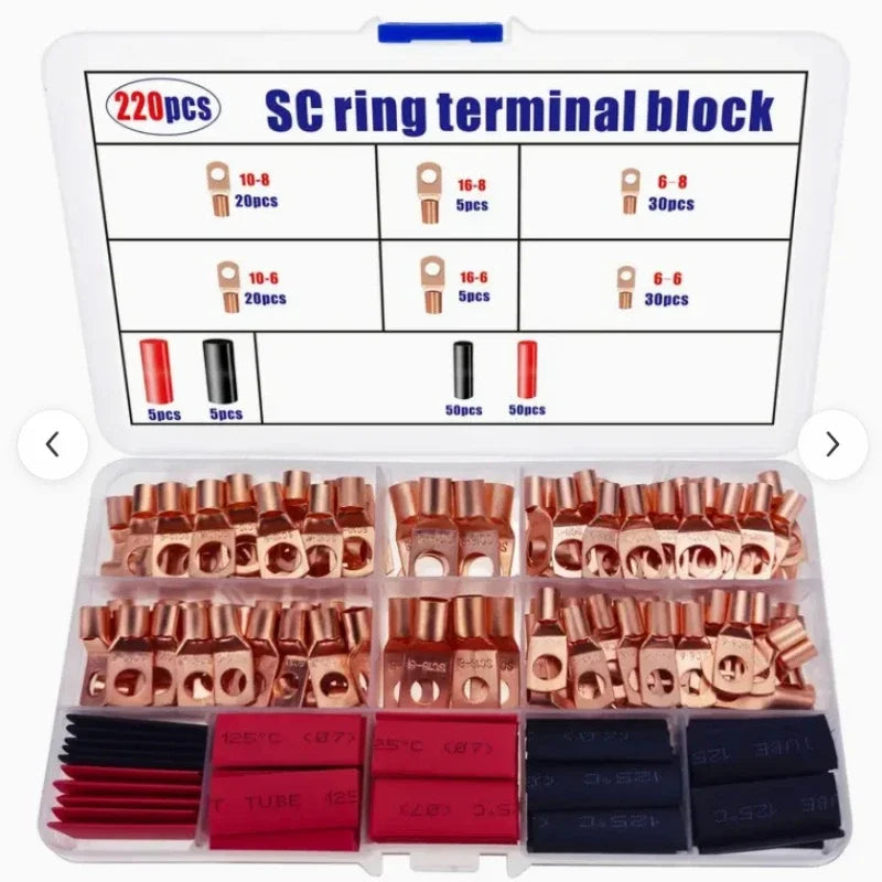 60/100/220pcs Copper Ring Lug Terminal Kit AWG 4 6 8 10 12 With Shrink Tubing