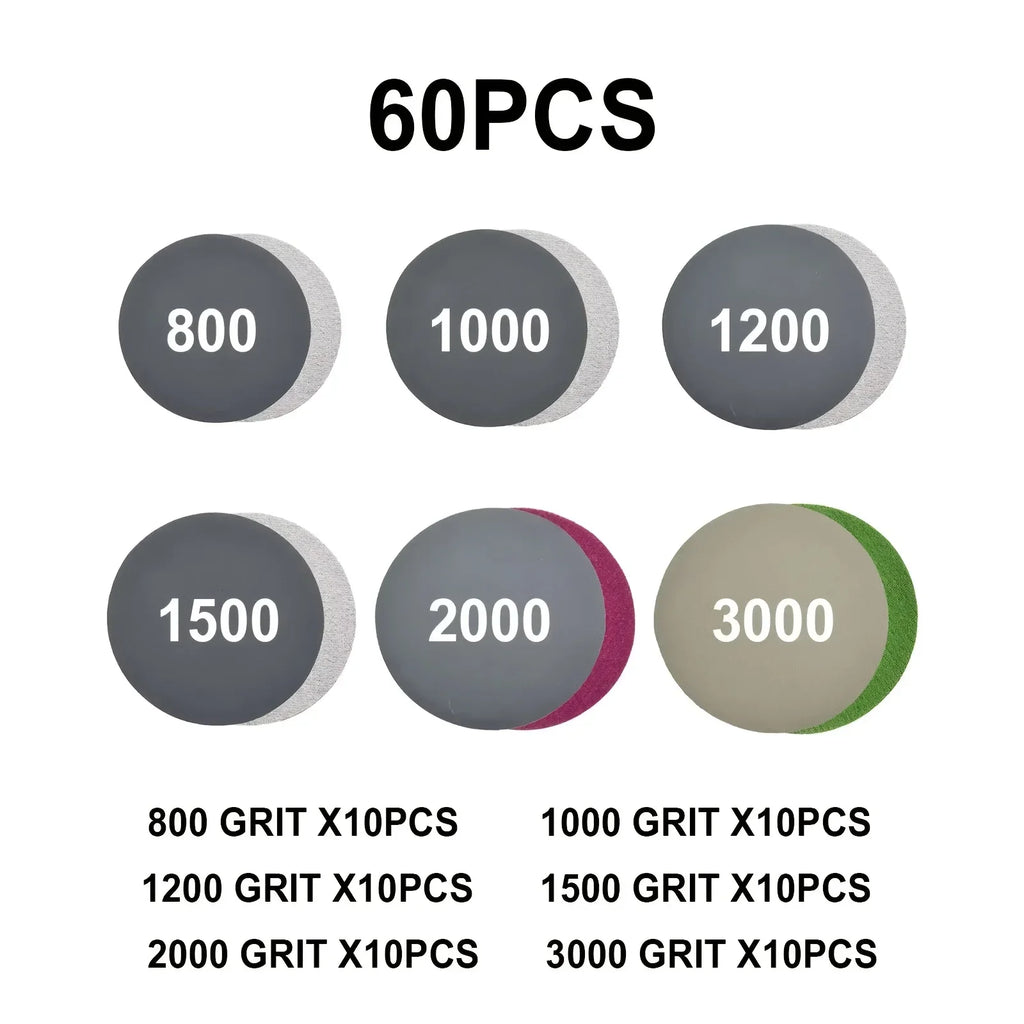 75mm 3-Inch Wet and Dry Sanding Discs 60 Pcs Assorted 800-3000 Grit for Car Polishing