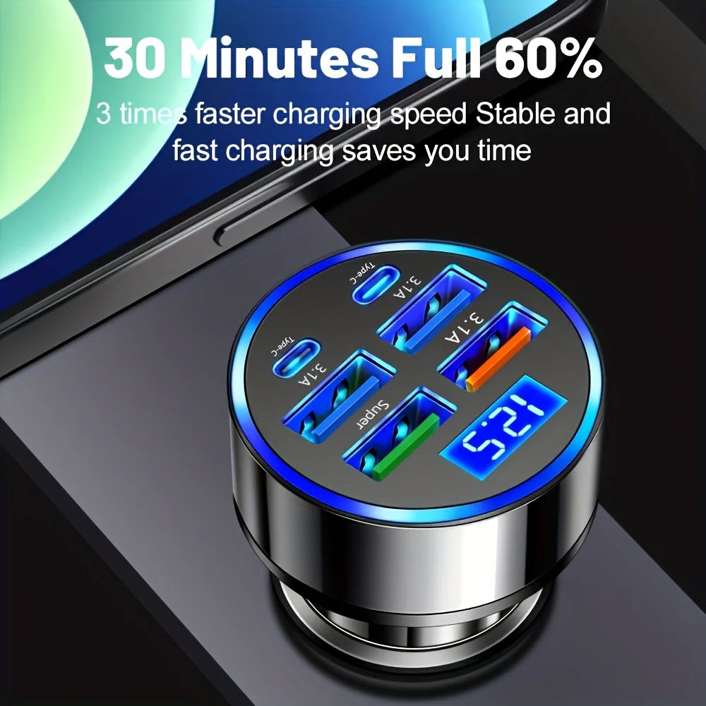 6-in-1 Car Charger Adapter with Dual USB-C and Digital Display