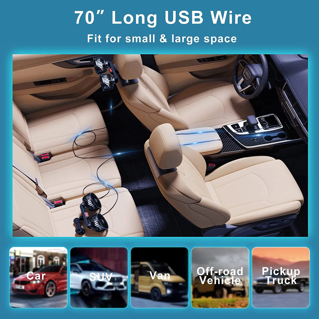Dual Head Car Seat Back Cooling Fan, USB, 3-Speed, 360° Rotation