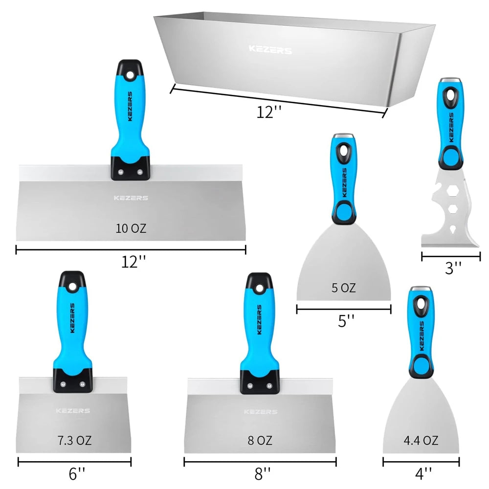 KEZERS Drywall Hand Tool Kit, 5/7 Pieces 3" 4" 5" 6" 8" 10" 12" Stainless Steel Drywall Knife with Metal Hammer End