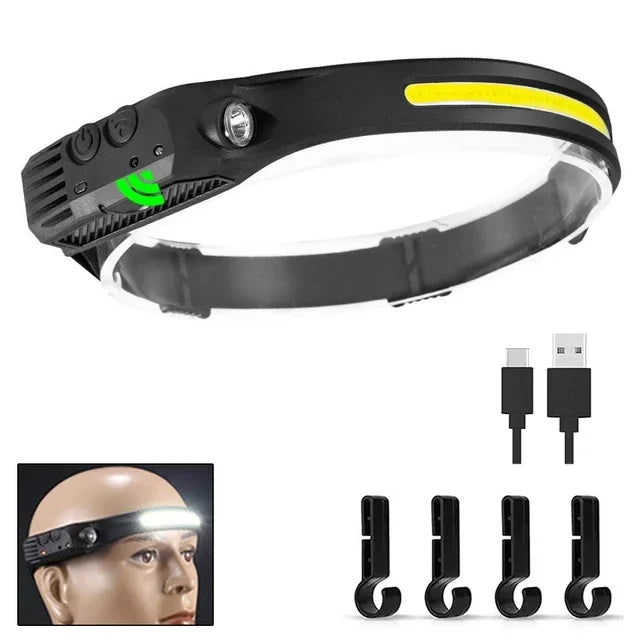 USB Rechargeable LED Sensor Headlamp, COB Waterproof Work Light for Camping
