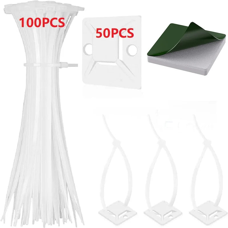 50/100/150pcs Nylon Self-Adhesive Cable Ties Mount Reusable Cable Management Organizer