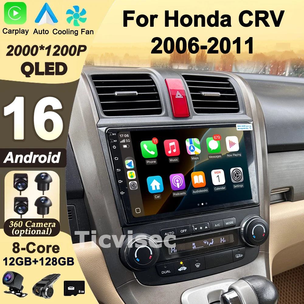 Android 16 Double Din Car Radio GPS for Honda CR-V 2007-2011 Bluetooth