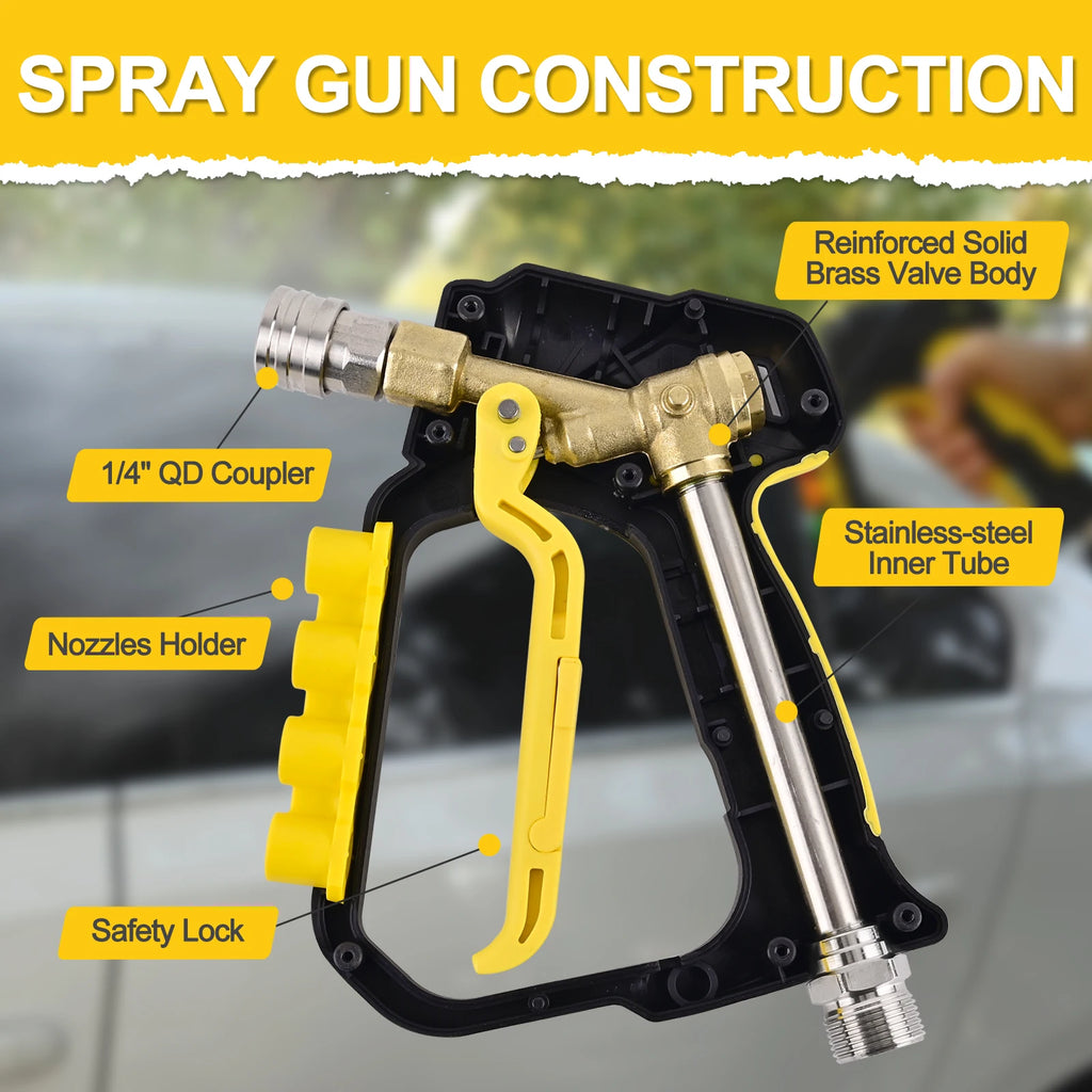 Short High Pressure Washer Spray Gun, Max 5000 PSI, M22-14mm Inlet, 1/4-Inch Quick Connector, Nozzle Holder