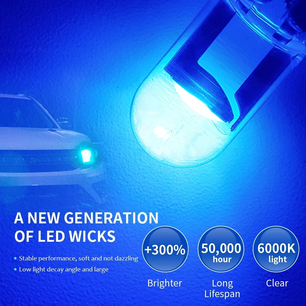 10X New W5W LED T10 Car Lights COB Glass Interior Parts Bulbs White ice blue Yellow Auto License Plate Lamp Dome Read Light 12V