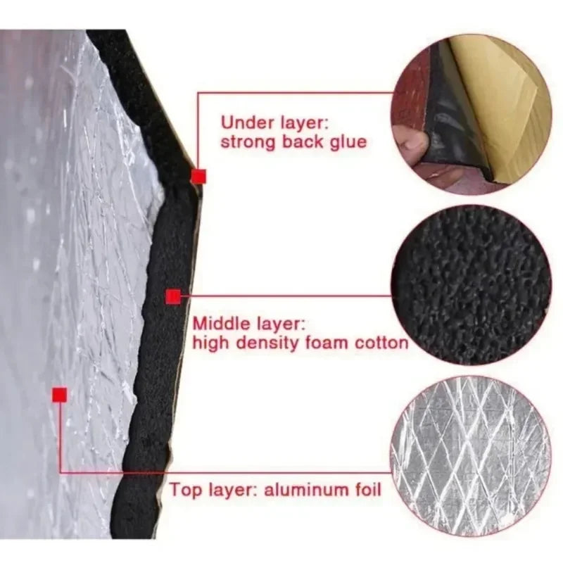 Car noise deadening mat, closed cell foam hood and panel insulation sheet