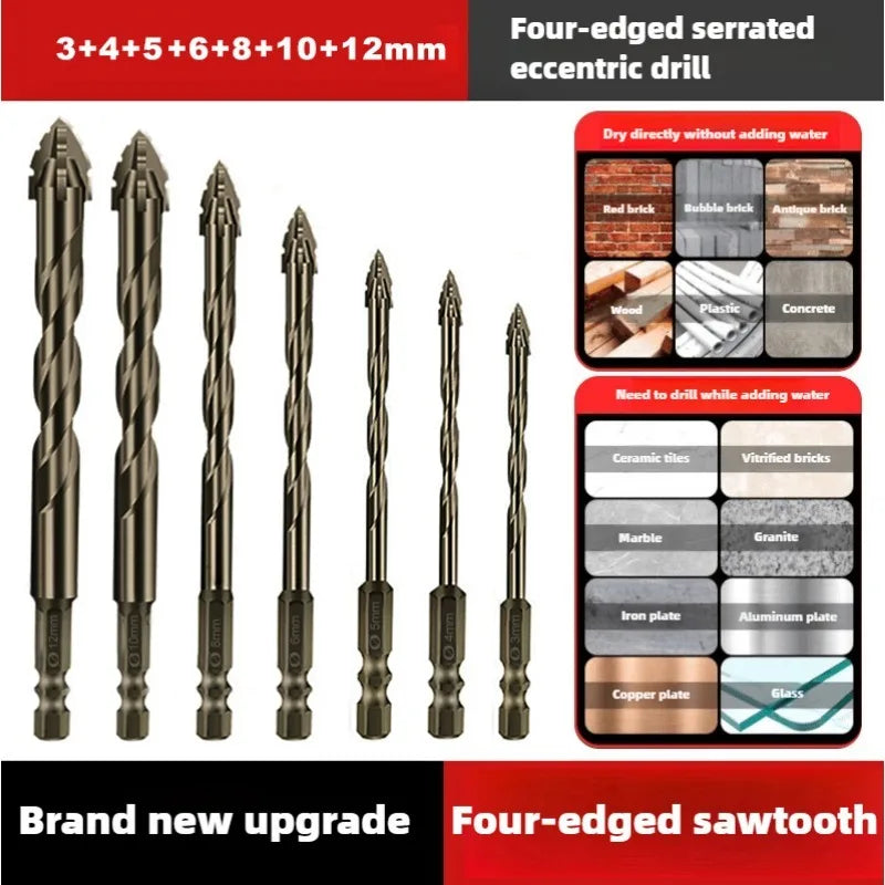 High-Four-Edged Serrated Eccentric Drill for Dry Drilling of Ceramic Tiles, Glass, Marble, Concrete, Stainless Steel Drill Bits