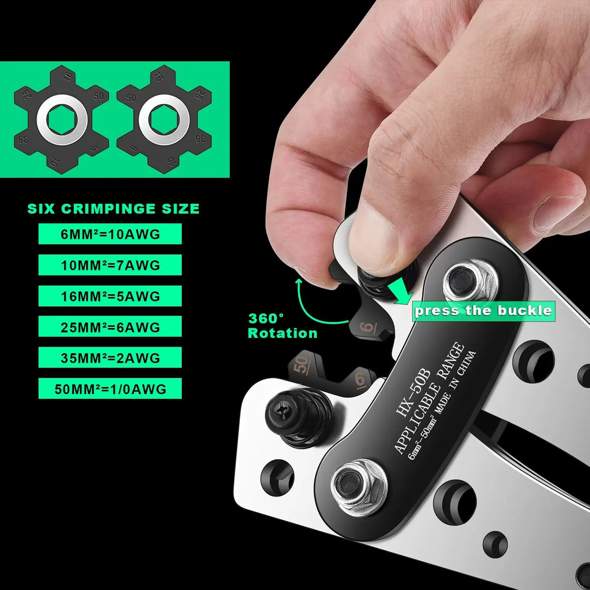 HX-50B Heavy Duty Battery Cable Lug Crimper 6-50mm² AWG 10-1/0 - image 3