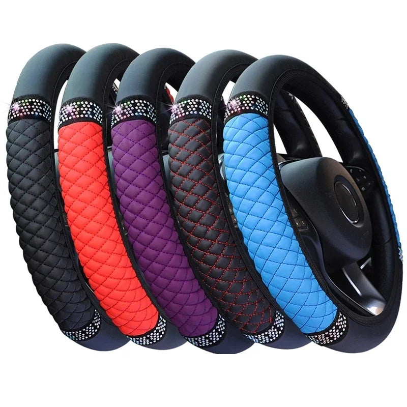 Diamond-Studded Leather Steering Wheel Cover for Cars