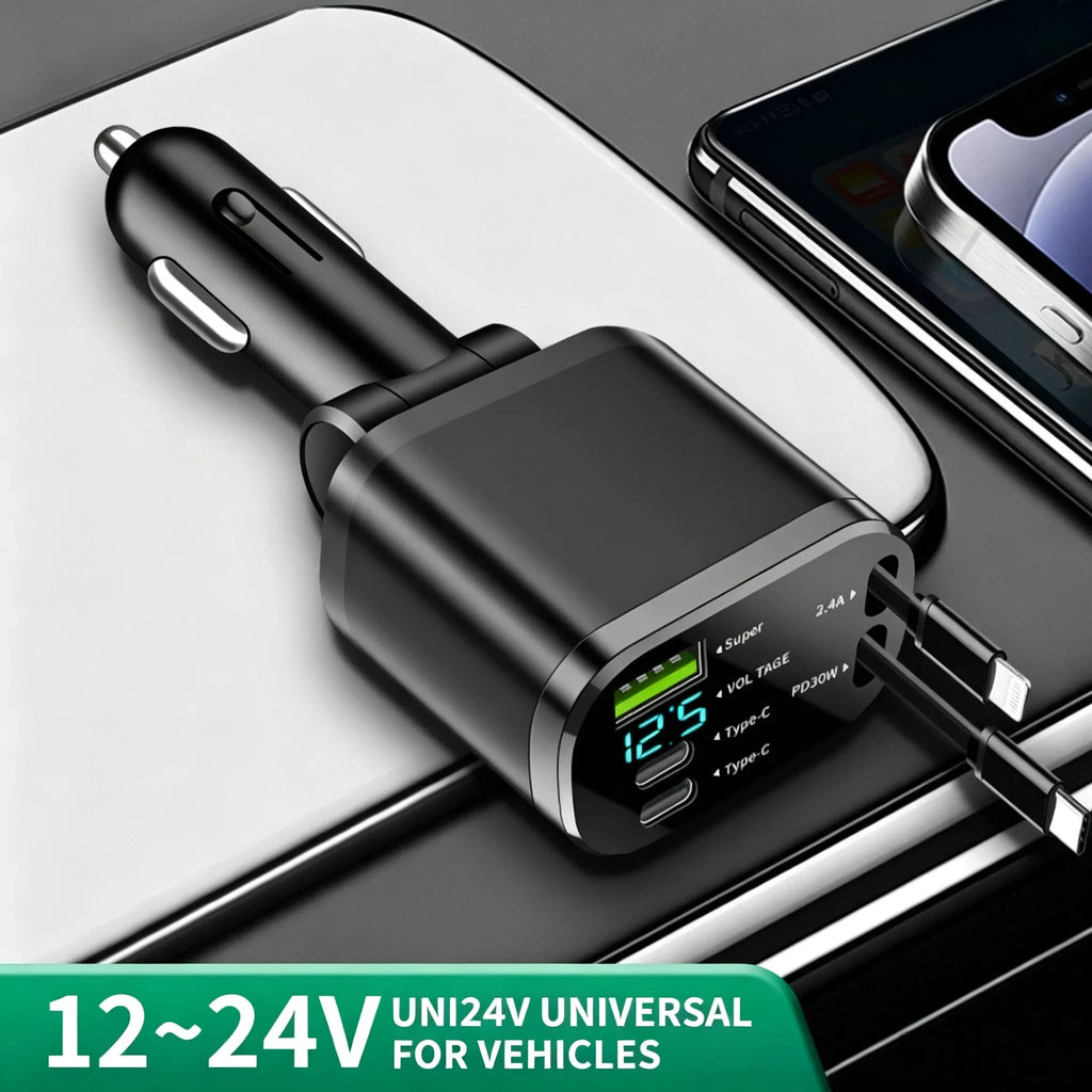 Car Charger with Digital Display and Retractable USB-C Cable