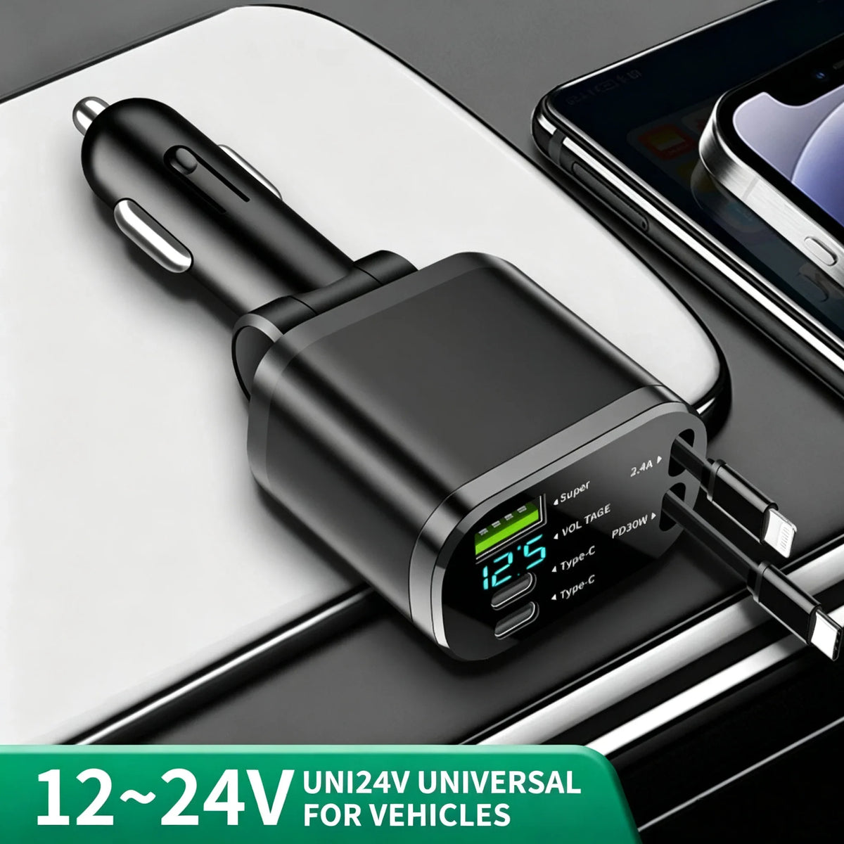 Car Charger with Digital Display and Retractable USB-C Cable
