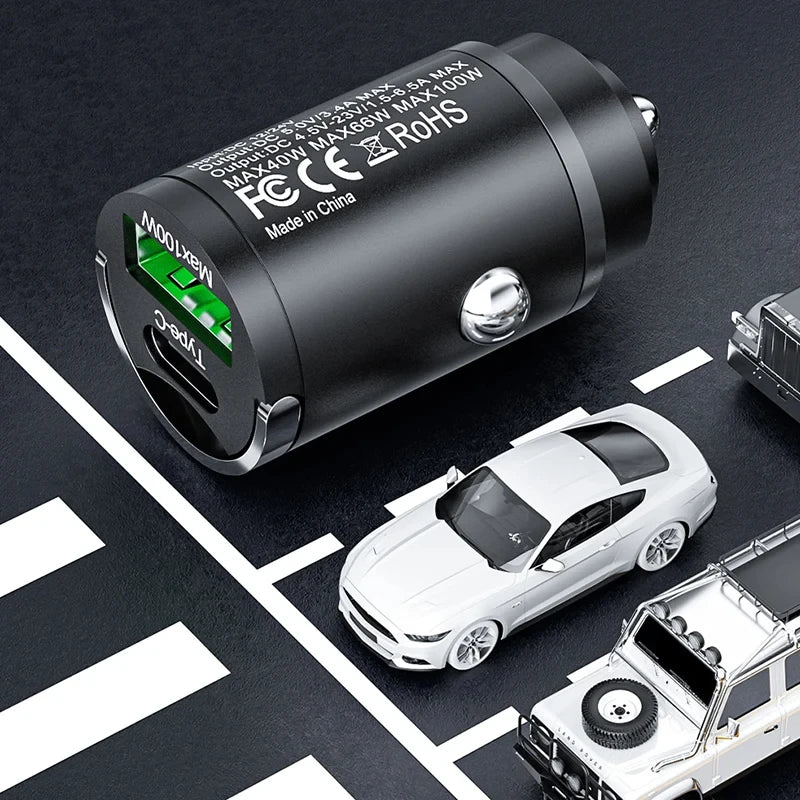 Mini Dual-Port USB and Type-C Car Charger with Pull Ring