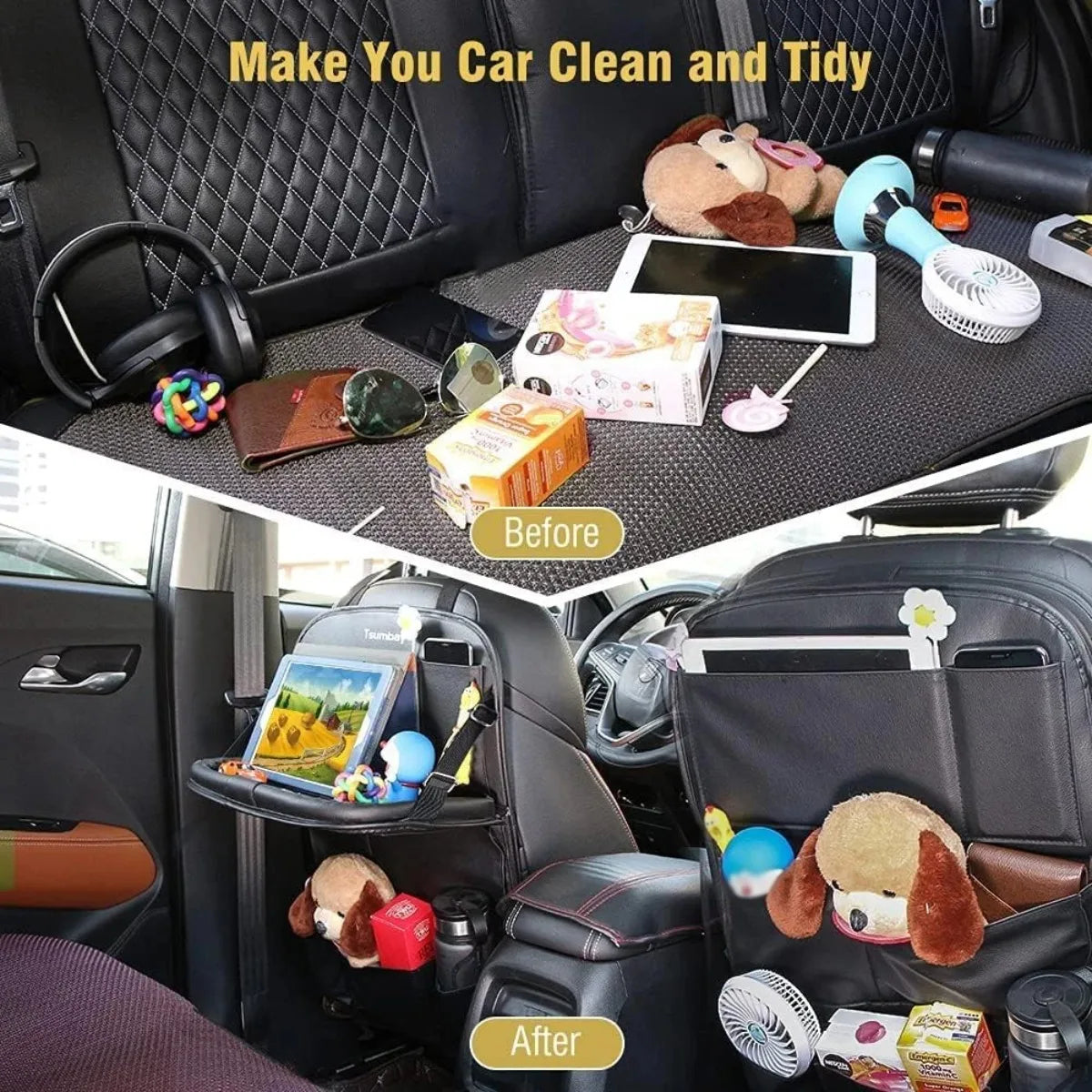 PU Leather Car Seat Back Organizer with Foldable Tray