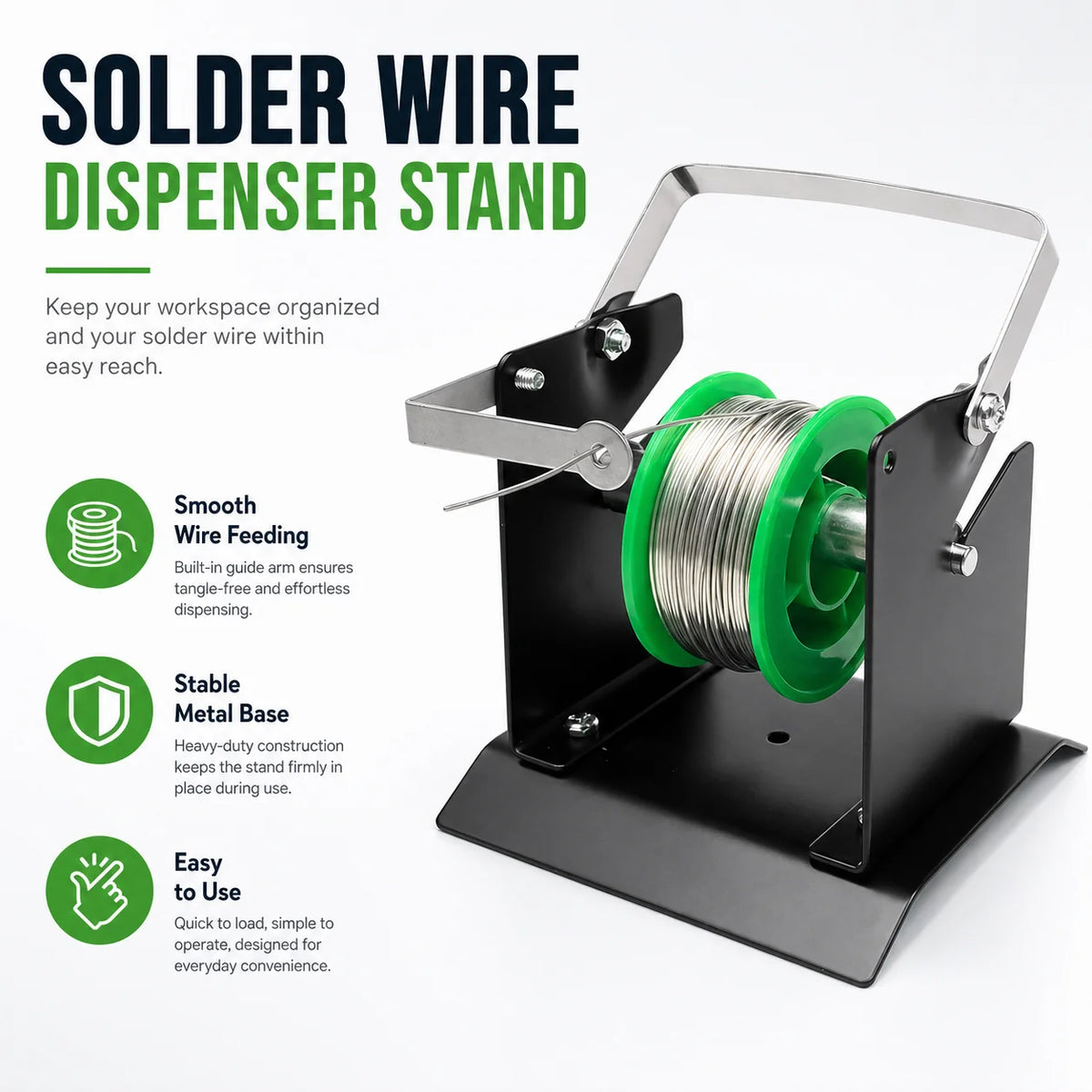 Compact Solder Wire Spool Dispenser Holder, Adjustable Metal Reel Stand For Workbench, Welding Wire Organizer Tool