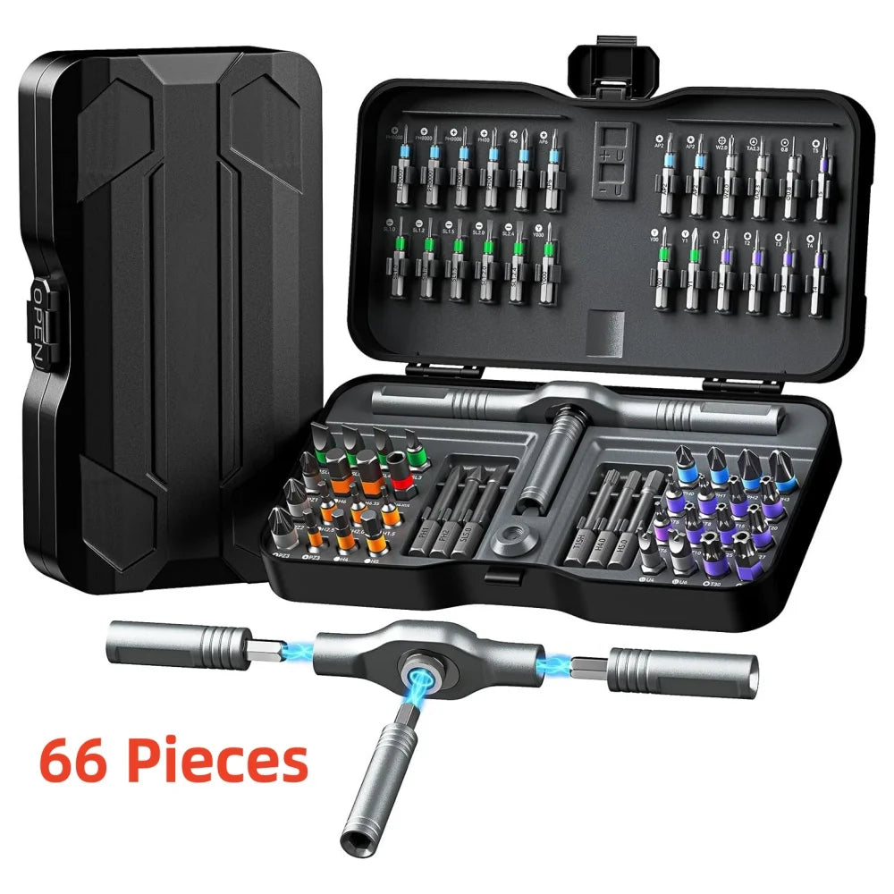 66 in 1 Ratchet Screwdriver Set with Detachable Handle, 6.2° Ratchet Head, Multi S2 Steel Bit Free Combination, Portable Repair