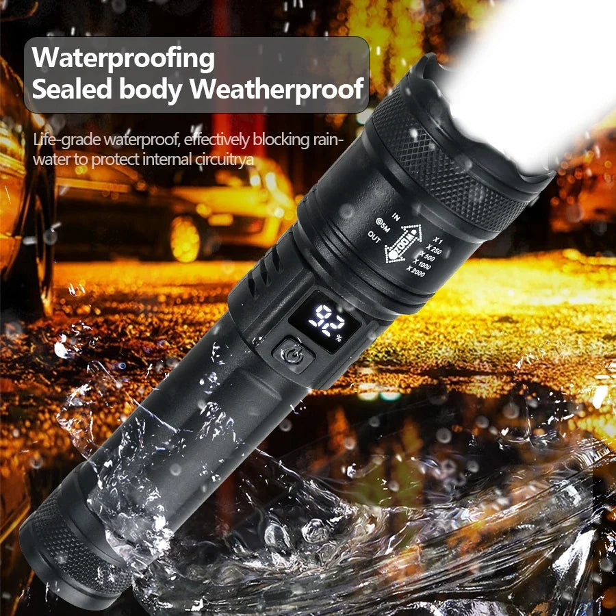 High Strong Power Led Flashlights 2000LM Tactical Torch with Display Light USB Charging Camping Fishing Emergency Zoom Lantern