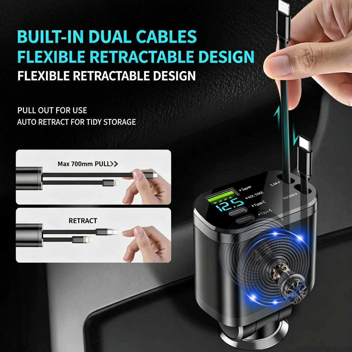 Car Charger with Digital Display and Retractable USB-C Cable