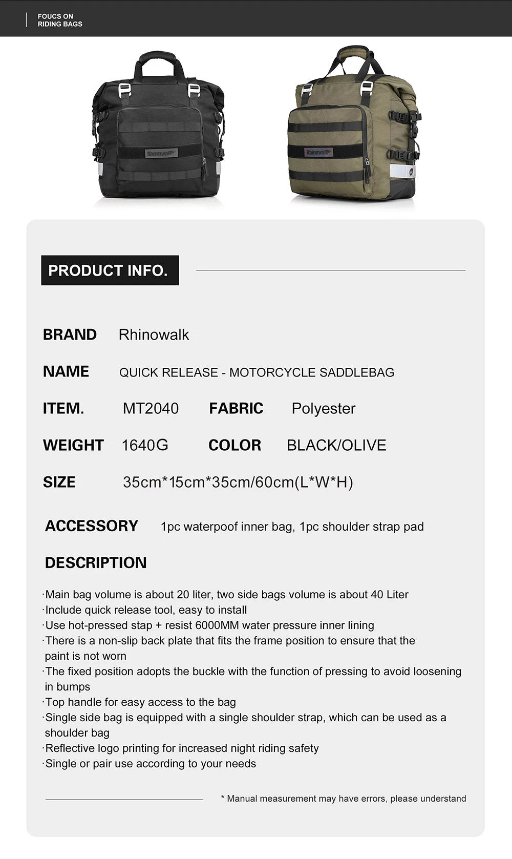 Rhinowalk 20-30L Motorcycle Saddlebag with Waterproof Liner - image 20