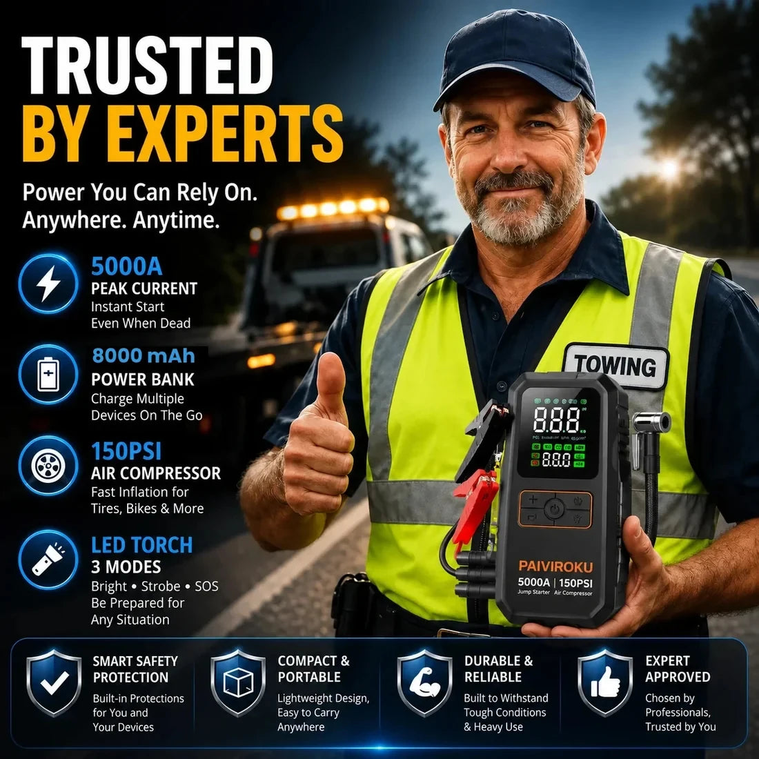 PAIVIROKU 4-IN-1 Car Jump Starter with Air Compressor 5000APeak Auto Battery Booster 150PSI Air Pump Power Bank Tire Inflator