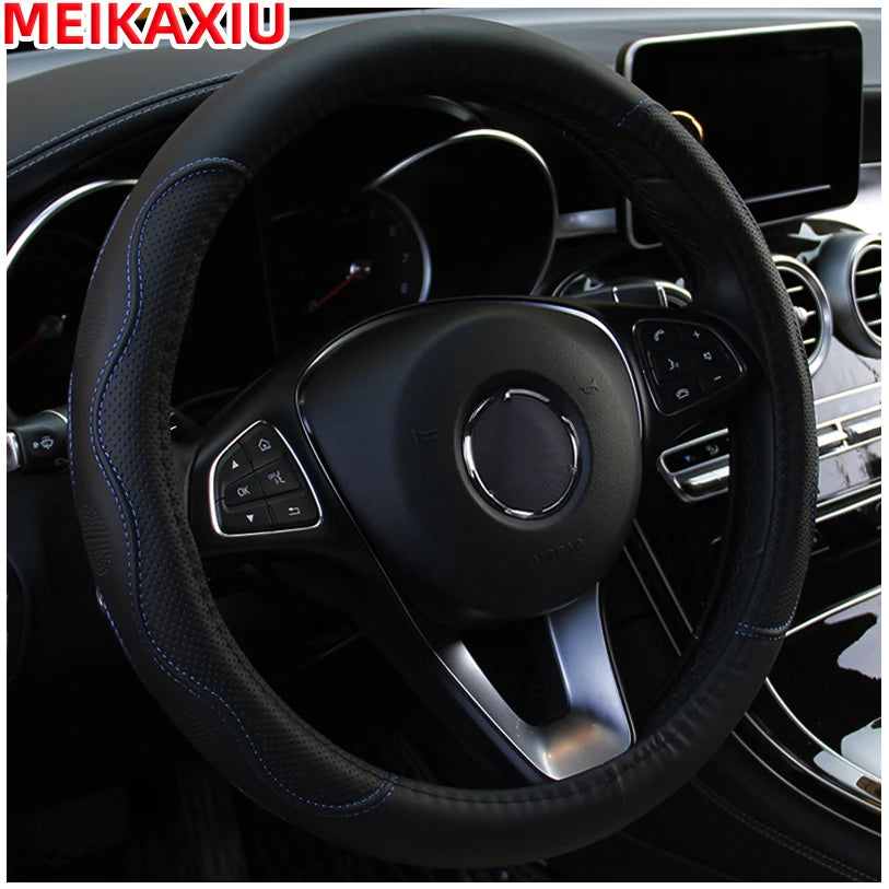 38 cm Embossed PU Leather Steering Wheel Cover with Inner Ring