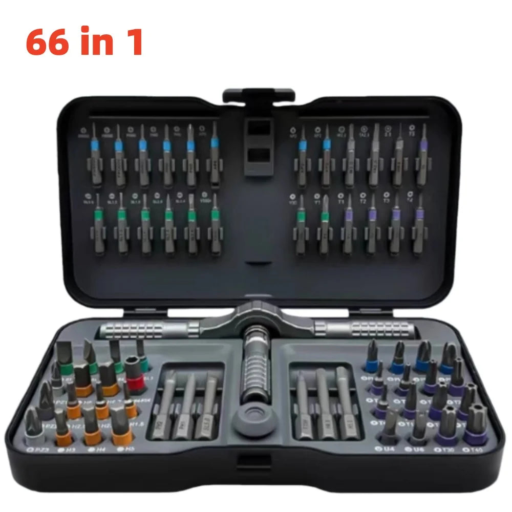 66 in 1 Ratchet Screwdriver Set with Detachable Handle, 6.2° Ratchet Head, Multi S2 Steel Bit Free Combination, Portable Repair