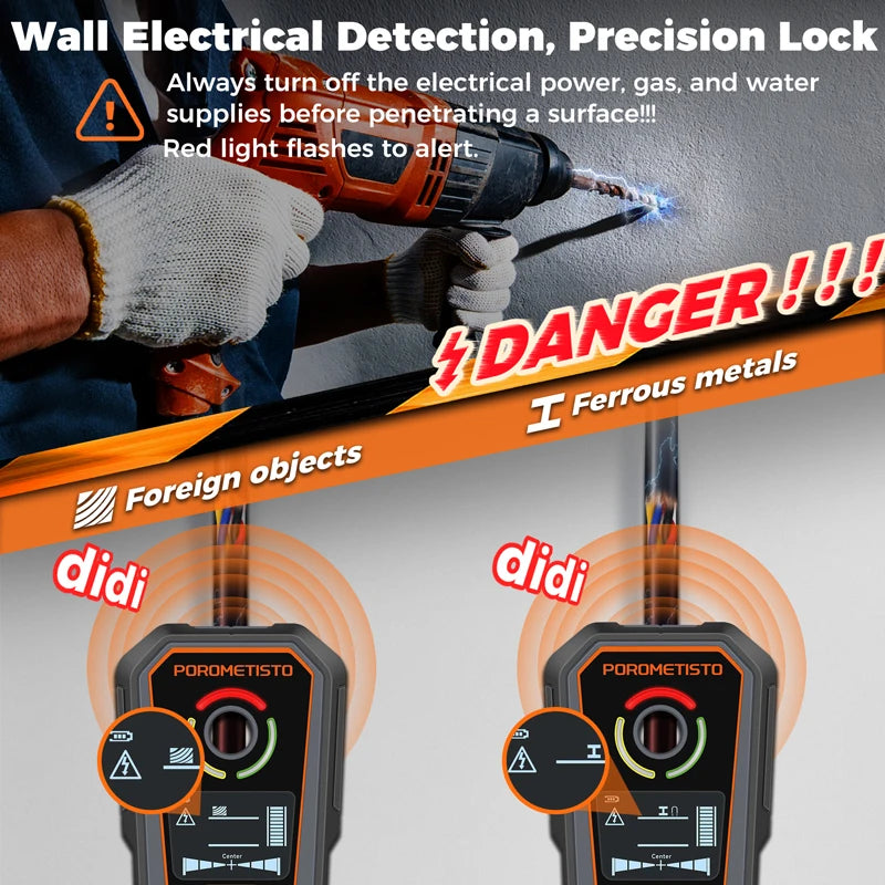 DSF02 6-in-1 Wall Scanner Type-C Rechargeable Stud Finder with Deep Modes, AC Wire, Metal & Pipe Detection for Safe Drilling