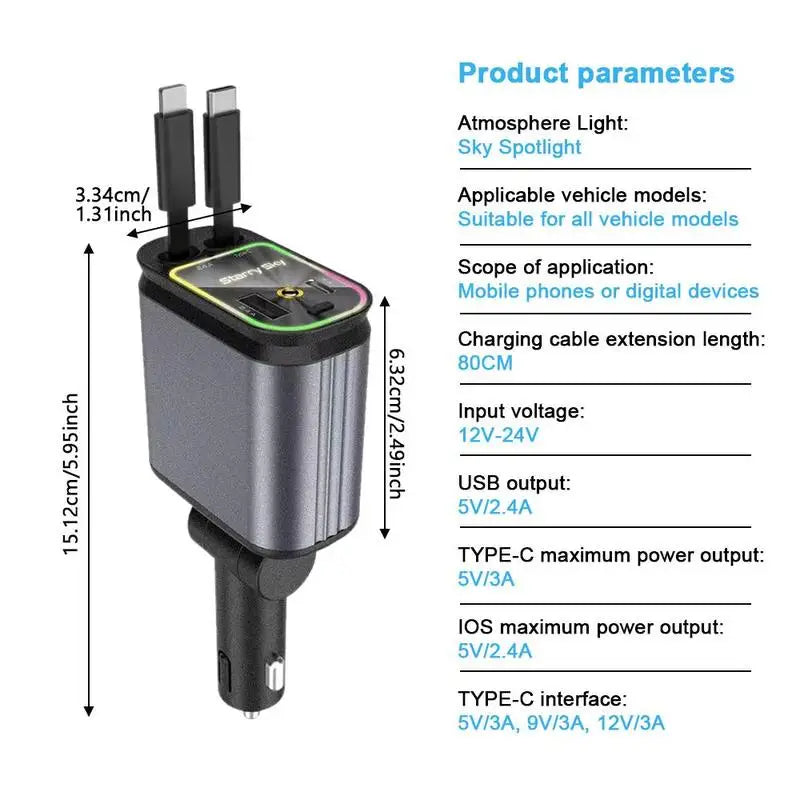 4-in-1 Retractable Car Charger with Starry Sky Light