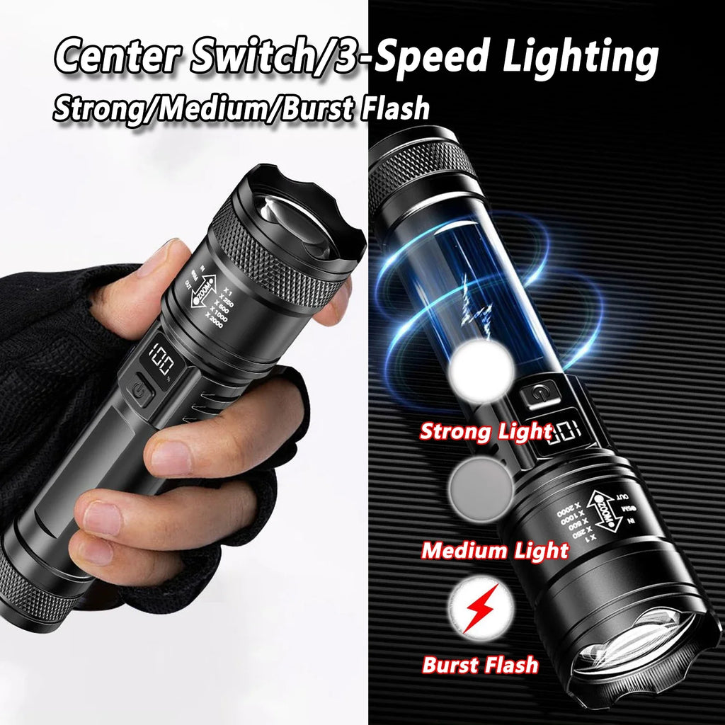 Ultra Bright LED Flashlight 2000LM Type-C Rechargeable Long Range Zoom Tactical Torch Outdoor Emergency Camping Fishing Lantern