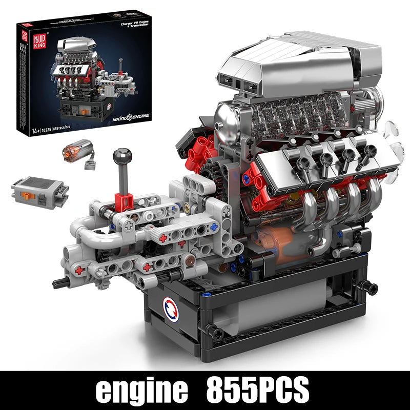Motorized V8 Engine Building Block Model Kit with Transmission