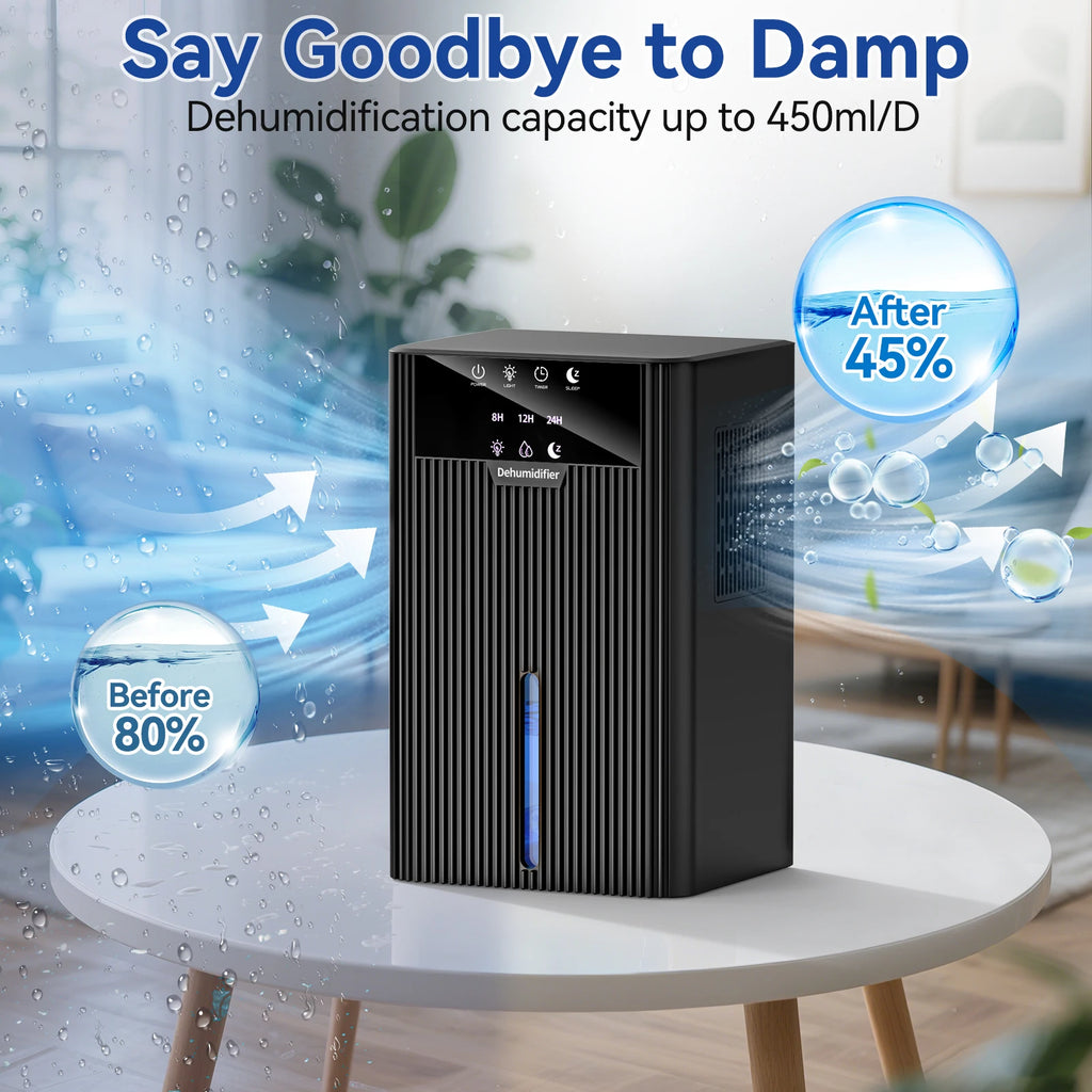 Portable home dehumidifier with 2200ml tank, large capacity damp remover