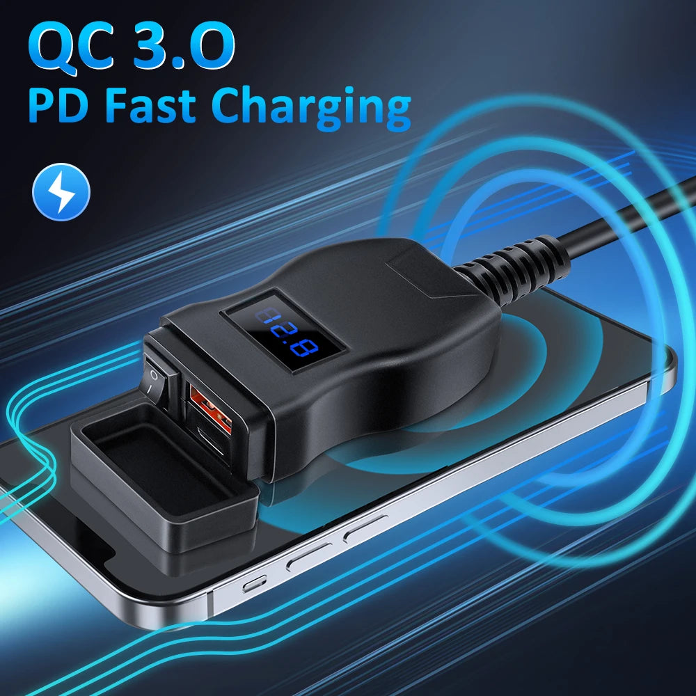 Motorcycle USB Fast Charger Waterproof USB Type C Charger 12V Power Supply Adapter with Switch Voltmeter Socket