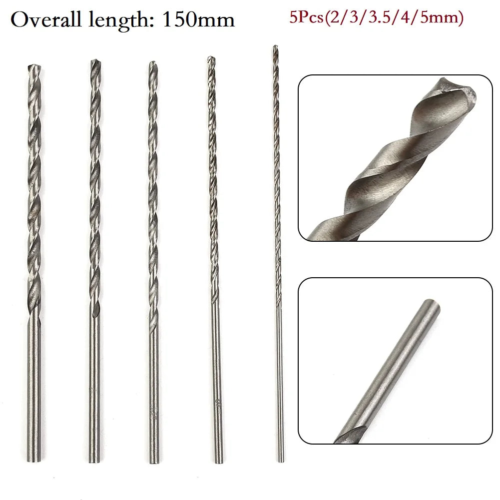 5Pcs Extra Long HSS High Speed Steel 150mm Drill Bit Set 2mm/3mm,3.5mm,4mm,5mm Bits For Wood, Aluminum, Plastic