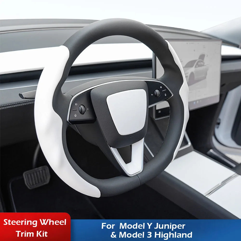 Matte White Steering Wheel Trim for Tesla Model Y and Model 3
