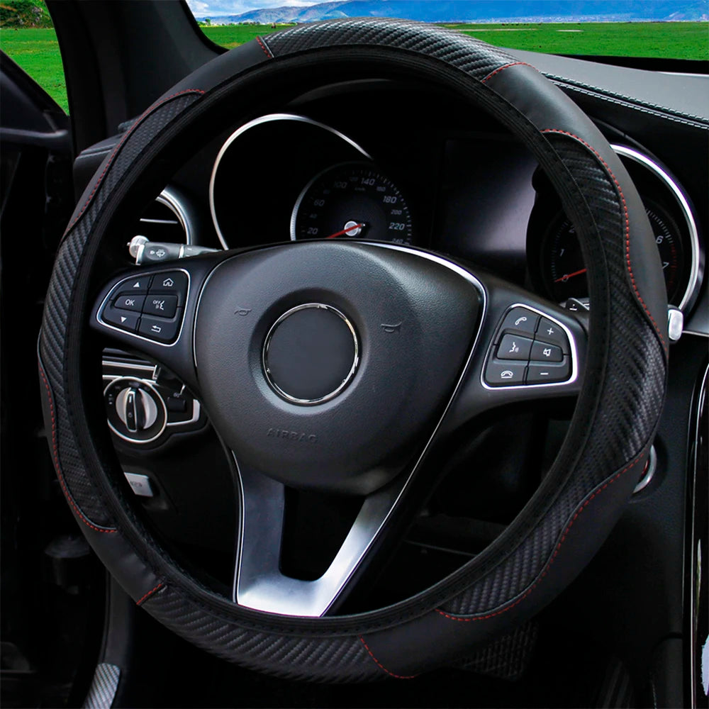 Textured PU Leather Steering Wheel Cover, 14.5-15 Inch