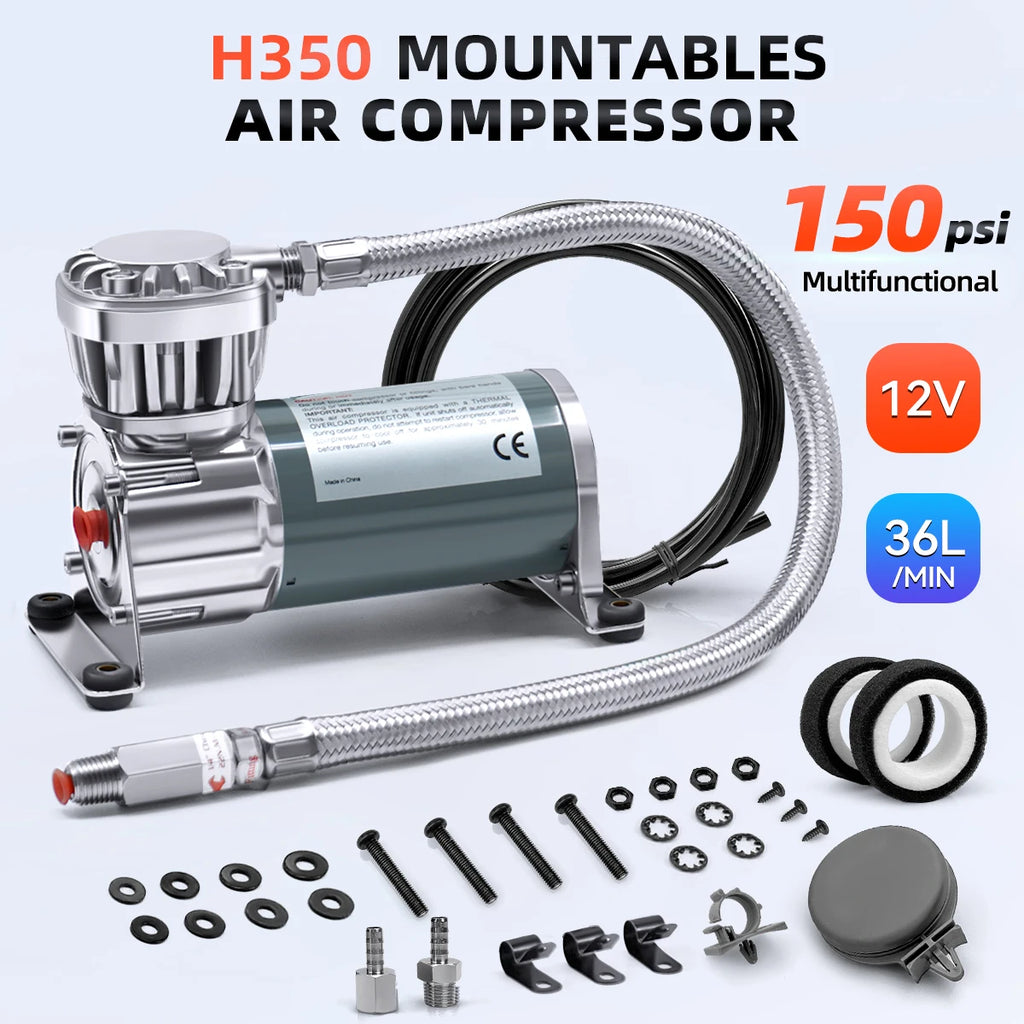 Industrial grade small air compressor,12V/24V 150PSI,IP67,Filter,High-performance,Thermal protection,Robot,Air suspension H350