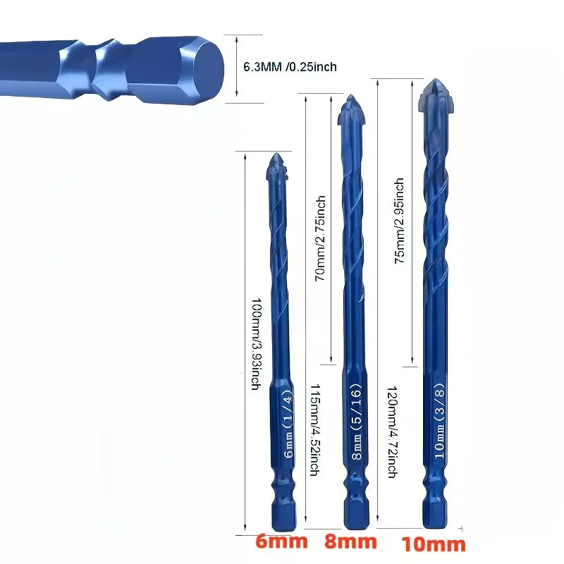 Tungsten Carbide Masonry Drill Bits, 3 Pack Hex Shank for Tile & Brick