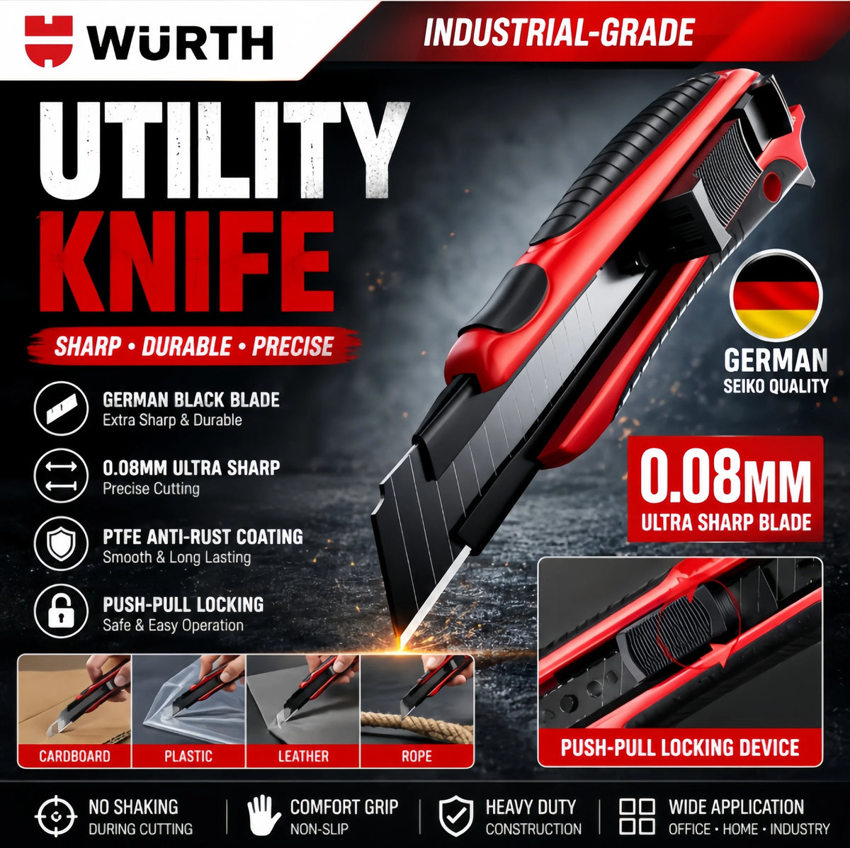 Original Wurth Utility Knife Heavy Duty Box Cutter Retractable Razor Knife Industrial Hand Tool